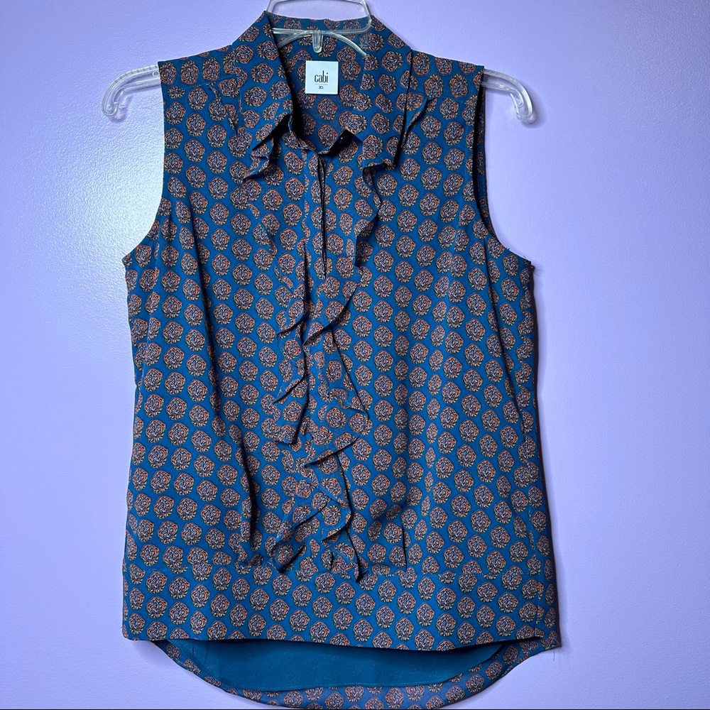 Cabi Medallion Reign Teal Printed Ruffle Blouse